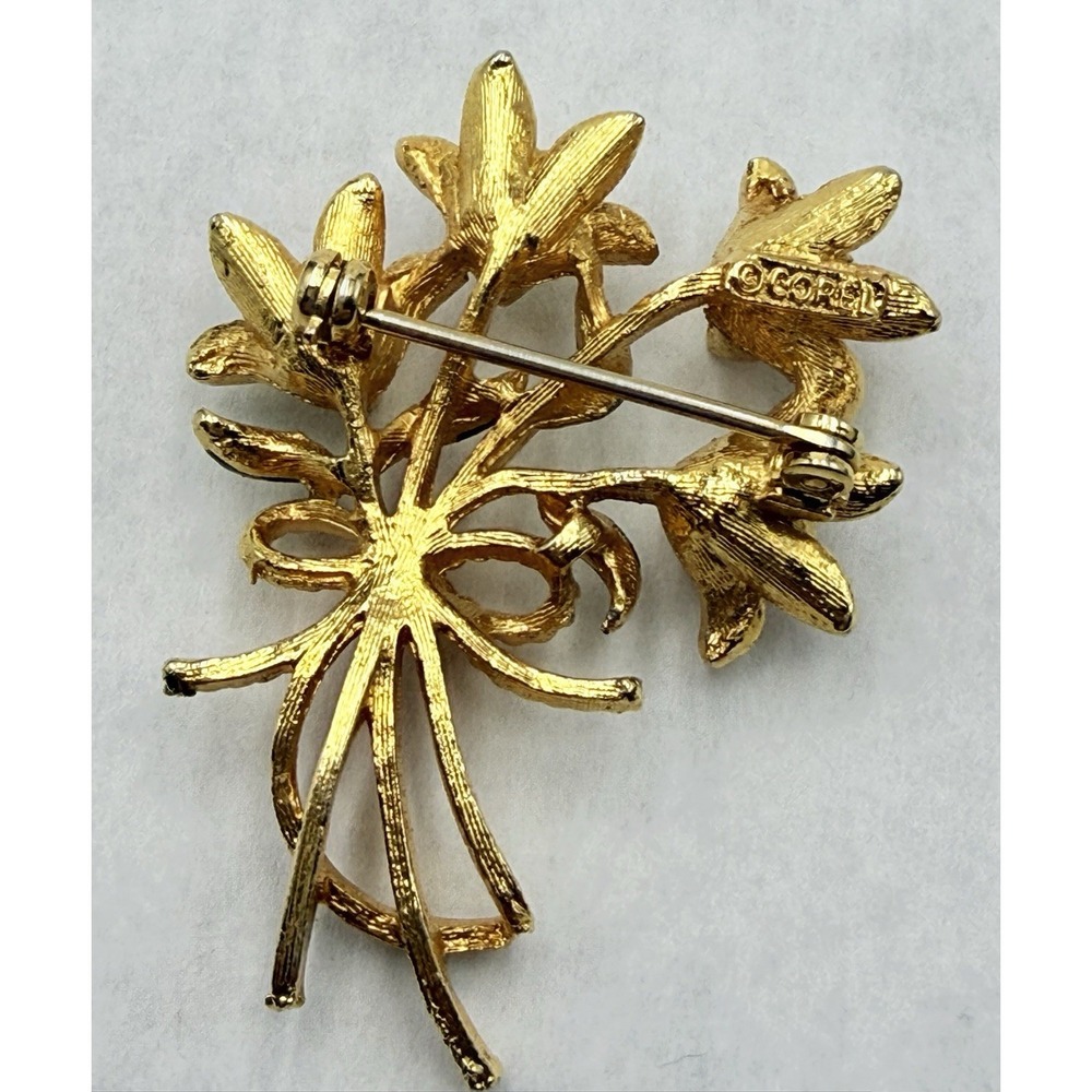 Vintage Corel Flower Bouquet Brooch Gold Tone Rhinestone Enamel READ - Picture 4 of 4